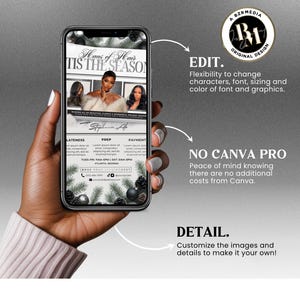 Pu&ograve; includere: Uno smartphone mostra una grafica promozionale per un salone di parrucchiere, con il testo "'Tis the Season" e immagini di donne. Il design include testo su editing, Canva e personalizzazione, con un logo in alto a destra.