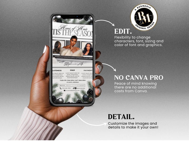 Pu&ograve; includere: Uno smartphone mostra una grafica promozionale per un salone di parrucchiere, con il testo "'Tis the Season" e immagini di donne. Il design include testo su editing, Canva e personalizzazione, con un logo in alto a destra.