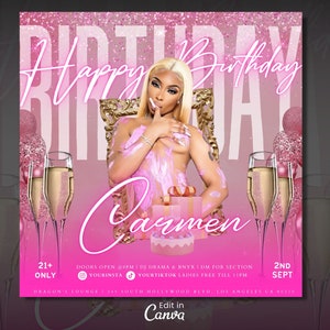 Birthday Party Flyer Template For Canva | DIY Bday Club Flyer | Club Birthday Invite | Birthday Invitation Flyer| Birthday Girl Flyer | Pink