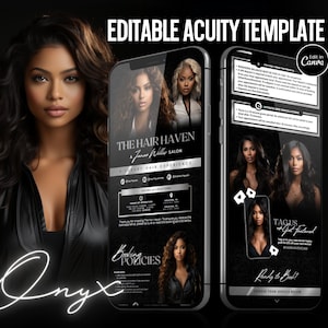May include: Editable template for a hair salon appointment booking system. The template features a black background with white text and images of women with different hairstyles. The text includes the salon name "The Hair Haven", the salon owner's name "Jena Kelly", and the phrase "A Luxury Hair Experience". The template also includes a section for booking policies and a section for choosing services.