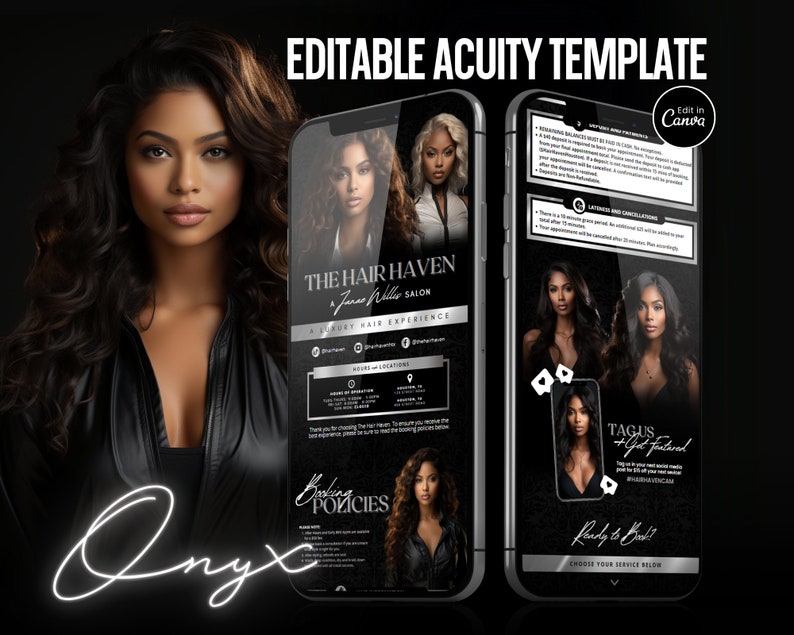 May include: Editable template for a hair salon appointment booking system. The template features a black background with white text and images of women with different hairstyles. The text includes the salon name "The Hair Haven", the salon owner's name "Jena Kelly", and the phrase "A Luxury Hair Experience". The template also includes a section for booking policies and a section for choosing services.