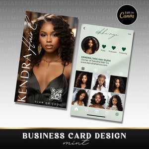 K&ouml;nnte beinhalten: Ein Visitenkartendesign f&uuml;r eine Friseurin namens Kendra. Die Karte zeigt ein Foto von Kendra, einen QR-Code und ihren Social-Media-Handle "@khenye". Der Text "Kendra Hair Co." ist ebenfalls auf der Karte enthalten.