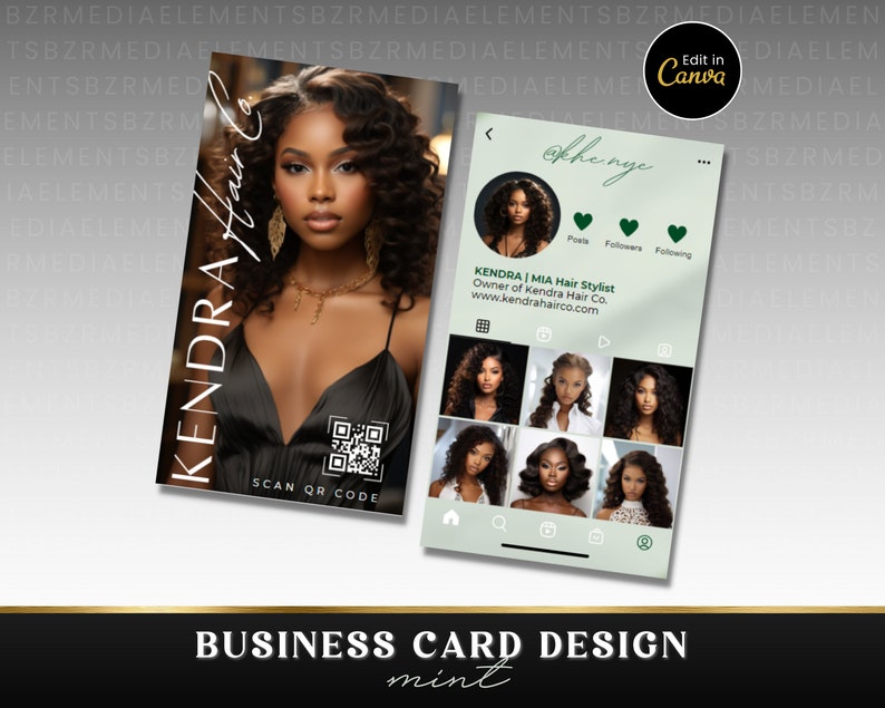 K&ouml;nnte beinhalten: Ein Visitenkartendesign f&uuml;r eine Friseurin namens Kendra. Die Karte zeigt ein Foto von Kendra, einen QR-Code und ihren Social-Media-Handle "@khenye". Der Text "Kendra Hair Co." ist ebenfalls auf der Karte enthalten.