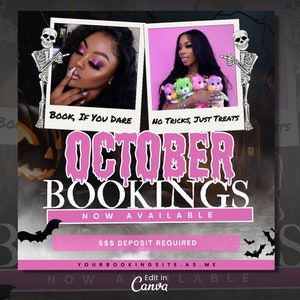 May include: A promotional graphic featuring two polaroid-style photos of individuals, one with purple eyeshadow and one holding four colorful plush bears. The text reads OCTOBER BOOKINGS NOW AVAILABLE, BOOK, IF YOU DARE, NO TRICKS, JUST TREATS.