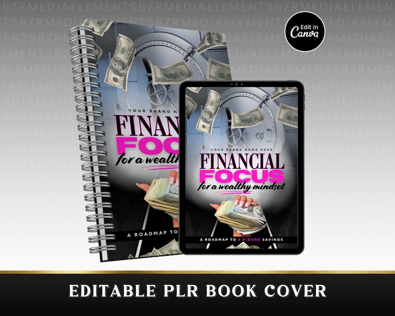 May include: Editable book cover with a black and white image of a safe with money falling out. The text on the cover reads "Financial Focus for a wealthy mindset".
