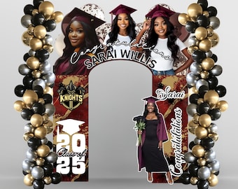 May include: Graduation photo booth backdrop with a maroon, gold, and black color scheme. The backdrop features a large archway with the text "Congratulations Sarai Willis" and "Class of 2025". There are also two smaller panels with the text "Sarai" and "Knights". The backdrop is decorated with balloons in black, gold, and silver.