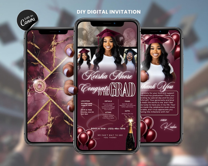 May include: Three smartphones displaying a graduation invitation. The design features a maroon and gold color scheme with a photo of a graduate, text that reads "Keisha Moore Congrats to the Grad", and details for the event.