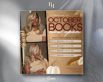 May include: A promotional graphic in gold and brown tones, advertising "OCTOBER BOOKS now open". It includes two photos of a woman with blonde hair, spaces for business specials, and decorative elements. A white pumpkin is also featured in the design.