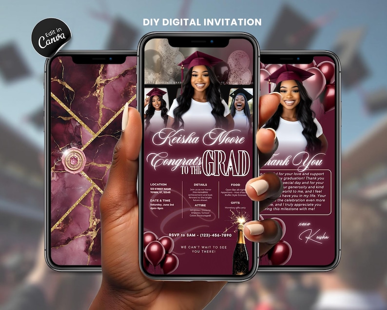 May include: A digital graduation invitation design featuring a photo of a smiling woman in a graduation cap. The invitation includes the text "Keisha Moore Congrats to the Grad" and event details. The design is displayed on three smartphones.