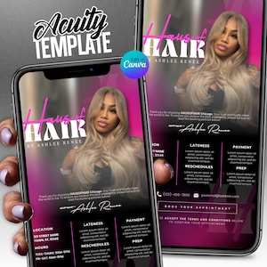 May include: Two smartphones showing a pink and black advertisement for "Haus of Hair by Ashlee Renee." The design includes a blonde-haired woman, service information, and the text "Acuity Template" at the top.