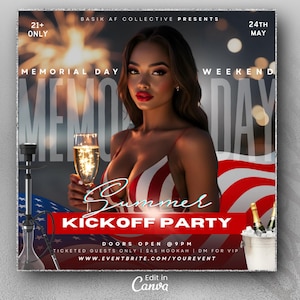 Memorial Day Party Flyer, Memorial Day Weekend Club Flyer, Club Party Flyer, Summer Party Flyer, Adult Nightclub Event Flyer, DIY Canva