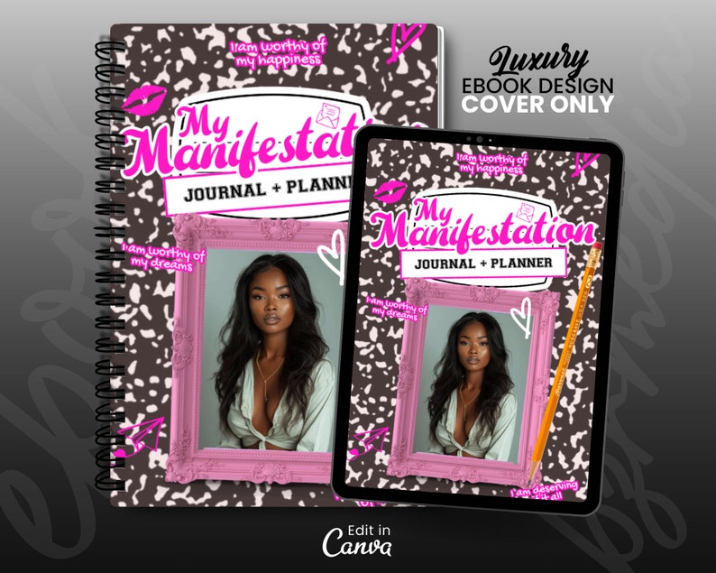 May include: A digital ebook cover design for a journal and planner titled "My Manifestation". The cover features a brown and white patterned background with a pink frame containing a photo of a woman. The text "I am worthy of my happiness" is written in pink on the cover.