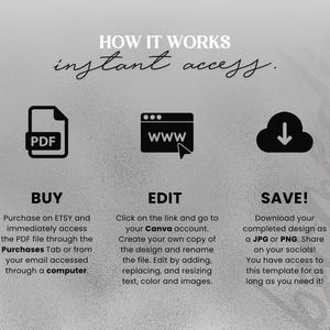 Pu&ograve; includere: Come funziona: accesso immediato. Una grafica che mostra i tre passaggi per accedere a un prodotto digitale. Passaggio 1: Acquista - Acquista su Etsy e accedi immediatamente al file PDF tramite la scheda Acquisti o dalla tua email accessibile tramite un computer. Passaggio 2: Modifica - Clicca sul link e accedi al tuo account Canva. Crea la tua copia del design e rinomina il file. Modifica aggiungendo, sostituendo e ridimensionando testo, colore e immagini. Passaggio 3: Salva! - Scarica il tuo design completato come JPG o PNG. Condividilo sui tuoi social! Hai accesso a questo modello per tutto il tempo che ne hai bisogno!