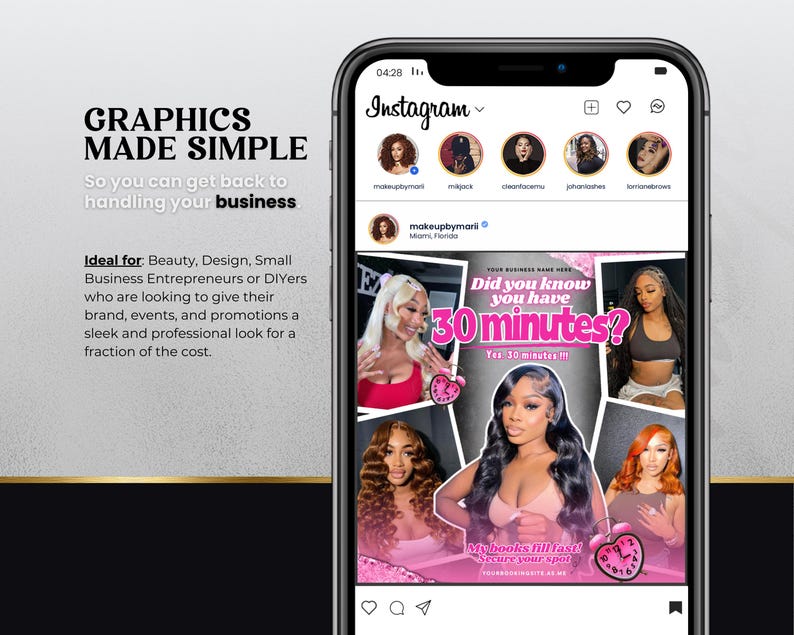 May include: Instagram post with a pink and white graphic that says "Did you know you have 30 minutes?" with a pink clock graphic. The post is from a makeup artist and includes a photo of the artist and a photo of a woman with long hair.