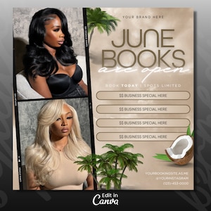 Juni-Buchungsflyer, Sommer-Beauty-Flyer, jetzt buchen Juni, Sommersaison-Flyer, Hair Lox Braid Flyer, Lash Flyer, Juni Books Open, DIY Canva