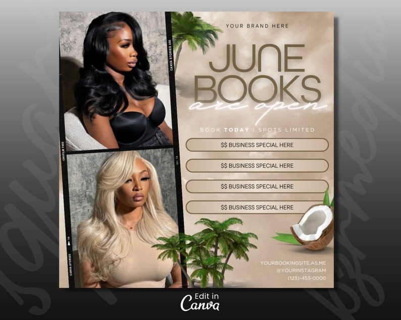 June Booking Flyer, Summer Beauty Flyer, Now Booking June, Summer Season Flyer, Hair Loc Braid Flyer, Lash Flyer, June Books Open, DIY Canva image 1