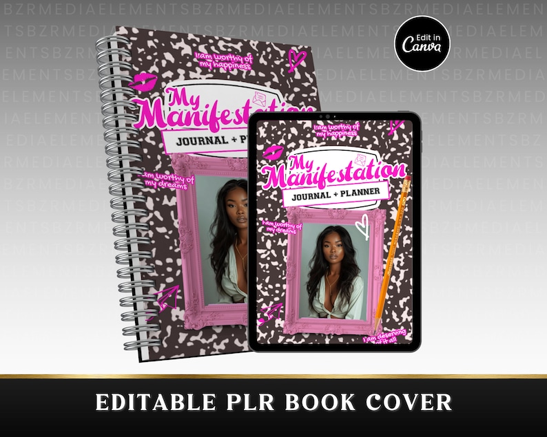 May include: A black and white patterned journal cover with pink accents. The cover features the text "My Manifestation Journal + Planner" and a photo of a woman with long black hair. The cover is designed to be used for a planner or journal.