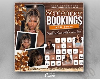 Folleto de reservas de septiembre, folleto de reservas de otoño, folleto de apertura de libros de septiembre, folleto de maquillaje de otoño para pestañas, cabello, uñas, trenzas y pelucas, folleto de reserva de otoño, folleto de bricolaje en Canva