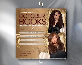 May include: A promotional flyer with a brown gradient background featuring the text OCTOBER BOOKS NOW OPEN. It includes two gold-framed portraits of individuals with styled hair, white pumpkin illustrations, and four blank business special bars.