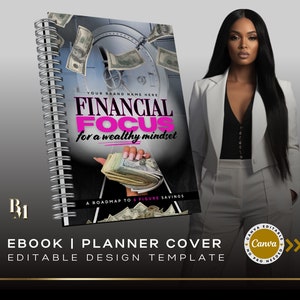 May include: A black and pink planner cover with the text "FINANCIAL FOCUS for a wealthy mindset" and "A ROADMAP TO 6 FIGURE SAVINGS". The cover features a spiral binding and an image of a vault door with money falling out.