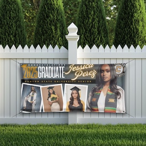 May include: A black and gold graduation banner with the text "Congratulations 2023 Graduate" and "Canyon State University Senior". The banner also features a photo of a graduate named Jessica Perez.