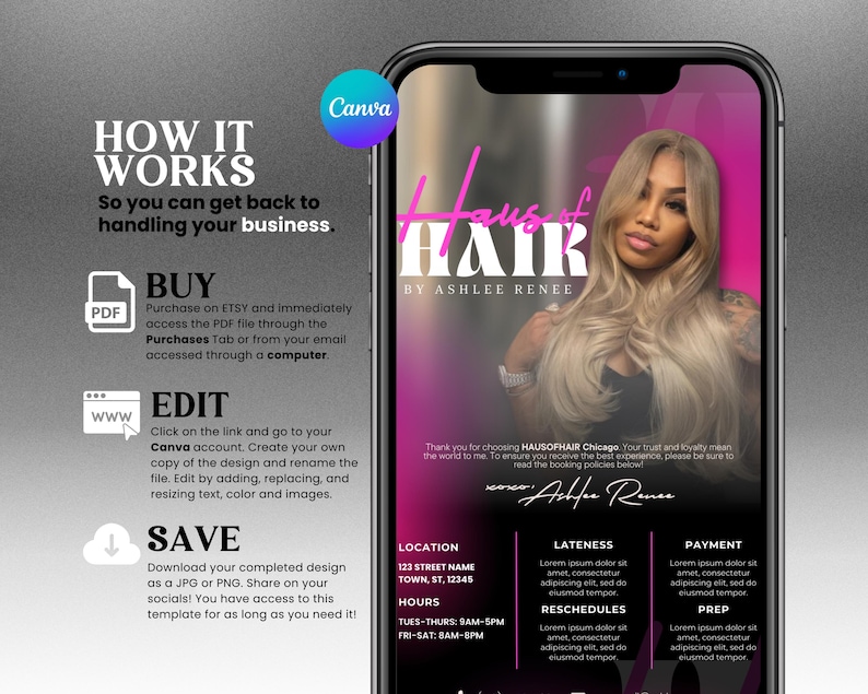 May include: A mobile phone screen shows a hair salon template, "Haus of Hair by Ashlee Renee," featuring a woman with blonde hair. The design provides instructions on purchasing, editing, and saving the template, alongside salon information.