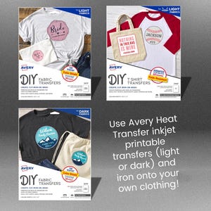 K&ouml;nnte beinhalten: Drei Avery DIY Stofftransfer-Pakete f&uuml;r helle und dunkle Stoffe. Die Pakete zeigen Beispiele f&uuml;r B&uuml;geltransfers f&uuml;r T-Shirts, Tragetaschen und Sweatshirts. Der Text auf den Paketen lautet "Avery DIY Fabric Transfers" und "Avery DIY T-Shirt Transfers".