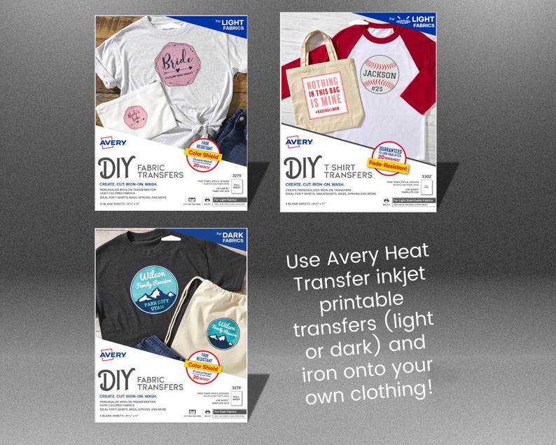 K&ouml;nnte beinhalten: Drei Avery DIY Stofftransfer-Pakete f&uuml;r helle und dunkle Stoffe. Die Pakete zeigen Beispiele f&uuml;r B&uuml;geltransfers f&uuml;r T-Shirts, Tragetaschen und Sweatshirts. Der Text auf den Paketen lautet "Avery DIY Fabric Transfers" und "Avery DIY T-Shirt Transfers".