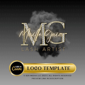 May include: A gold logo template with the letters "MG" in a diamond-encrusted font. The text "Maille Gaia" is written in cursive script below the letters. The text "LASH ARTIST" is written below the cursive text. The logo is set against a gray background with a smoky effect.