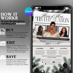 Pu&ograve; includere: Uno smartphone mostra un volantino digitale con il testo "Haus of Hair, 'Tis the Season". Il volantino presenta immagini di tre donne, informazioni sulla prenotazione e istruzioni su come acquistare, modificare e salvare il design.