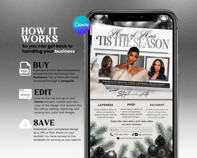Pu&ograve; includere: Uno smartphone mostra un volantino digitale con il testo "Haus of Hair, 'Tis the Season". Il volantino presenta immagini di tre donne, informazioni sulla prenotazione e istruzioni su come acquistare, modificare e salvare il design.
