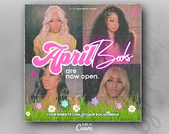 Folleto de reservas de abril, folleto de reservas de primavera, folleto de Pascua, abril de cabello, libros de primavera abiertos, abril de reserva ahora, folleto de abril de pestañas, uñas, pelucas trenzadas