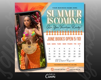 June Booking Flyer, June Summer Flyer, Now Booking June, Summer Season Flyer, Hair Locs Braid Flyer Lash Flyer, June Books Open, DIY Canva