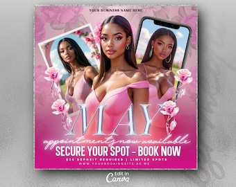 May Booking Flyer, Mothers Day Booking Flyer, May Hair, May Books Open, May Appointment Flyer, May Book Now, May Lashes Nail Braid Wig Flyer