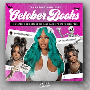 May include: A promotional graphic for October Books featuring a person with bright teal hair in a white top. The design includes text reading October Books, Now open! Book before all your favorite spots disappear!, $30 deposit required, and 15% off all month!, with skeleton and bat illustrations.