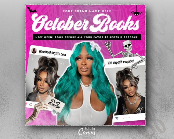 October Booking Flyer, October Books Open, Halloween Hair Flyer, Spooky SZN Flyer, October Hair Flyer, Nails MUA Lash Locs Wig, DIY Canva