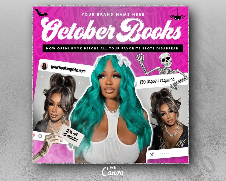 May include: A promotional graphic for October Books featuring a person with bright teal hair in a white top. The design includes text reading October Books, Now open! Book before all your favorite spots disappear!, $30 deposit required, and 15% off all month!, with skeleton and bat illustrations.