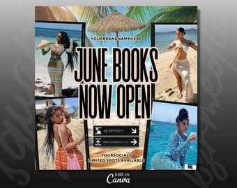 Juni-Buchungsflyer, Sommer-Beauty-Flyer, jetzt buchen Juni, Sommersaison-Flyer, Hair Lox Braid Flyer, Lash Flyer, Juni Books Open, DIY Canva