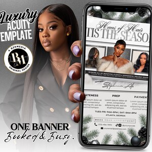 Pu&ograve; includere: Immagine promozionale di un salone di parrucchiere. Una donna tiene in mano uno smartphone che mostra una pubblicit&agrave; con il testo "Luxury Acuity Template" e "Hours of Hair, 'Tis the Season". Il design include elementi festivi e contatti.