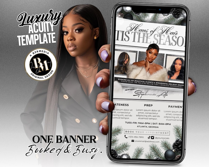 Pu&ograve; includere: Immagine promozionale di un salone di parrucchiere. Una donna tiene in mano uno smartphone che mostra una pubblicit&agrave; con il testo "Luxury Acuity Template" e "Hours of Hair, 'Tis the Season". Il design include elementi festivi e contatti.