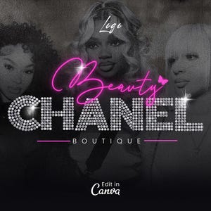 May include: A pink neon sign with the text "Beauty Chanel Boutique" with a diamond-shaped design. Three women are in the background, with one woman wearing a white shirt and the other two wearing black shirts.
