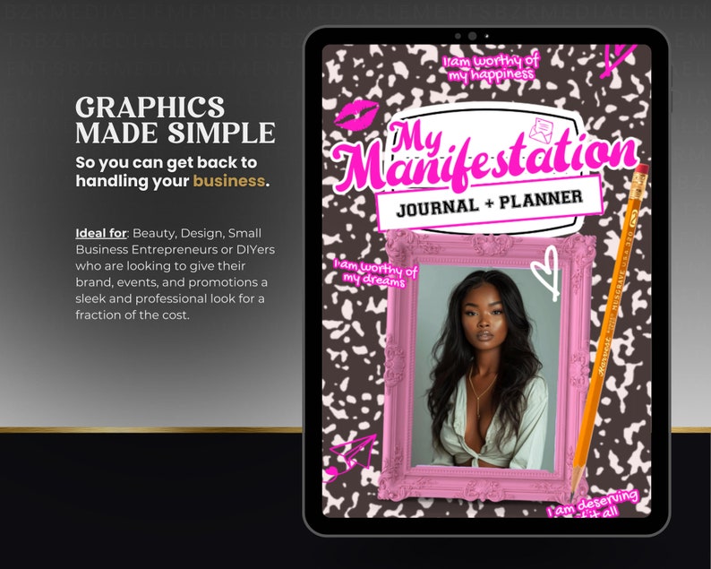 May include: A pink and black digital planner with the text "My Manifestation Journal + Planner" on the cover. The cover features a black and white animal print background with pink accents. A photo of a woman with dark hair is framed in pink and placed on the cover.