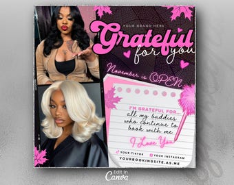 May include: A promotional graphic with two women and text. The words "Grateful for you" are in pink script. The text "November is OPEN" is also present. Additional text includes "I'm grateful for all my baddies who continue to book with me. I Love You."