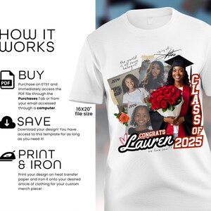 K&ouml;nnte beinhalten: Wei&szlig;es T-Shirt mit einem rot-wei&szlig;en Design, auf dem "Klasse von 2025" und "Herzlichen Gl&uuml;ckwunsch Lauren" steht, sowie einem Foto-Collage einer Absolventin und ihrer Familienmitglieder. Die Fotos sind von roten Rosen umgeben.