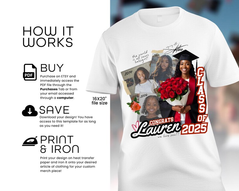 K&ouml;nnte beinhalten: Wei&szlig;es T-Shirt mit einem rot-wei&szlig;en Design, auf dem "Klasse von 2025" und "Herzlichen Gl&uuml;ckwunsch Lauren" steht, sowie einem Foto-Collage einer Absolventin und ihrer Familienmitglieder. Die Fotos sind von roten Rosen umgeben.