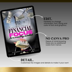 May include: A digital tablet screen displaying a pink and black ebook cover with the title "FINANCIAL FOCUS for a wealthy mindset". The cover features a hand holding a stack of money and a safe with money falling out of it. The text "EDIT", "NO CANVA PRO", and "DETAIL" are visible on the screen.