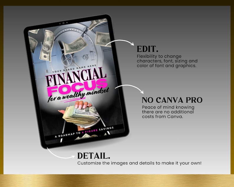 May include: A digital tablet screen displaying a pink and black ebook cover with the title "FINANCIAL FOCUS for a wealthy mindset". The cover features a hand holding a stack of money and a safe with money falling out of it. The text "EDIT", "NO CANVA PRO", and "DETAIL" are visible on the screen.