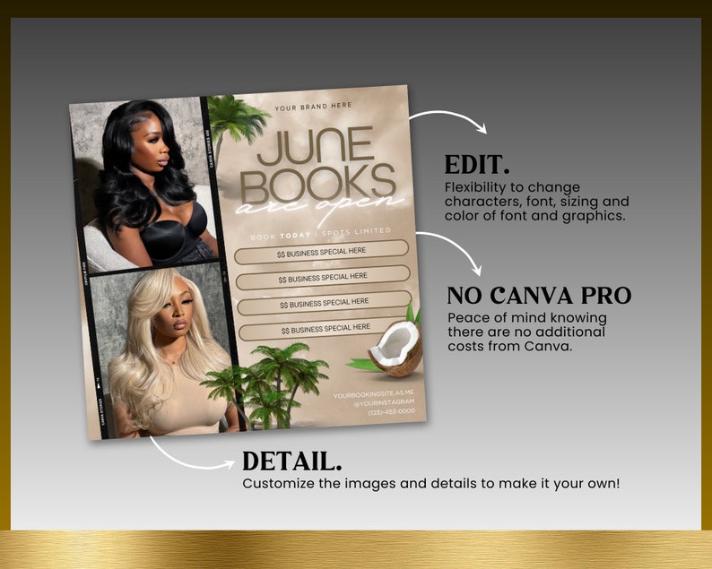 June Booking Flyer, Summer Beauty Flyer, Now Booking June, Summer Season Flyer, Hair Loc Braid Flyer, Lash Flyer, June Books Open, DIY Canva image 4