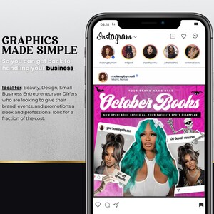 May include: A smartphone displaying an Instagram feed with a promotional graphic titled October Books. The graphic features a person with teal hair, a skeleton illustration, and text including 15% off all month and $30 deposit required.