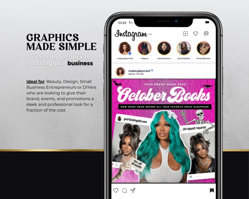 May include: A smartphone displaying an Instagram feed with a promotional graphic titled October Books. The graphic features a person with teal hair, a skeleton illustration, and text including 15% off all month and $30 deposit required.